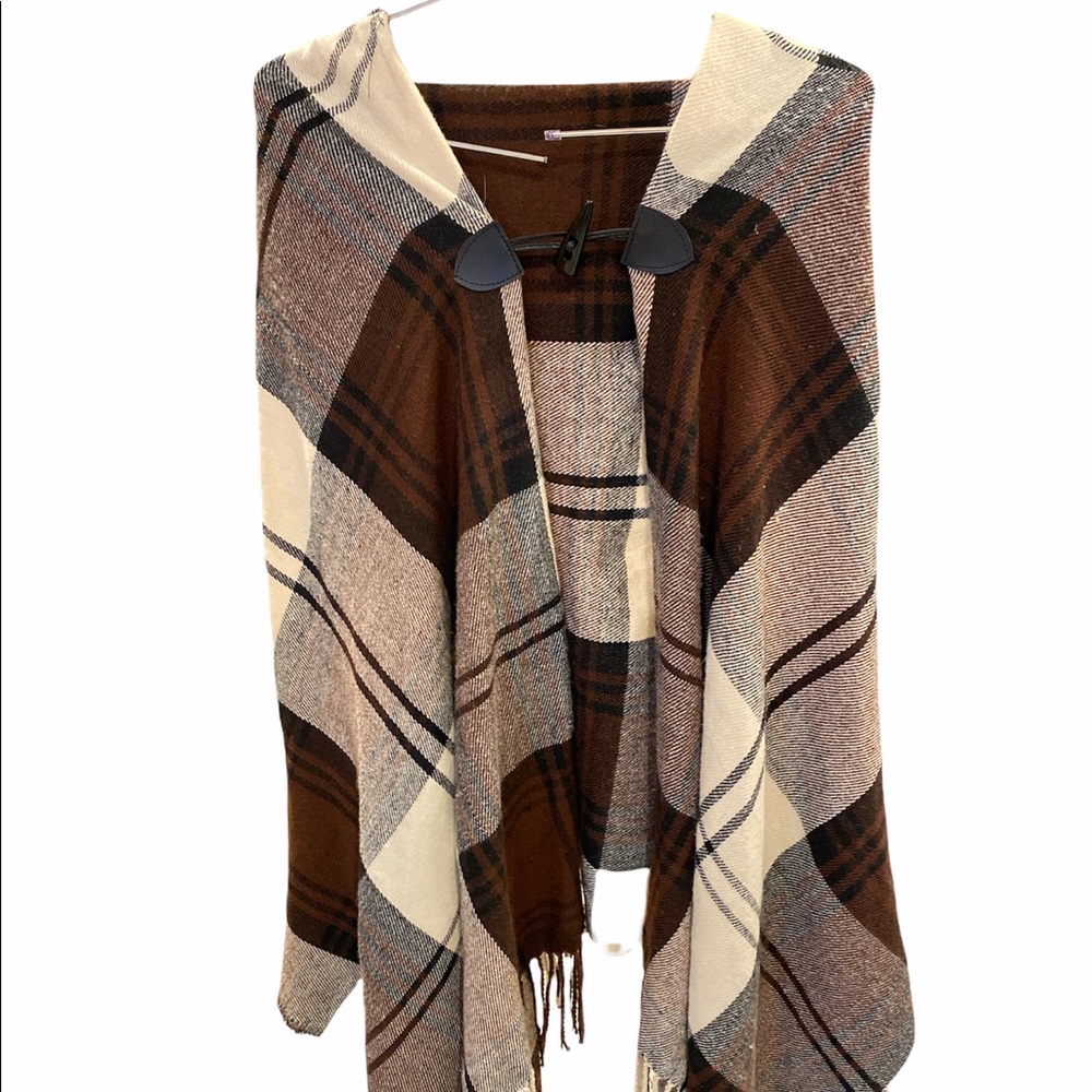 Plaid hooded poncho